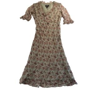 Mixit Silk Floral Dress Women's Size 8 Lined 100% Silk Shell 3/4 Ruffle Sleeves